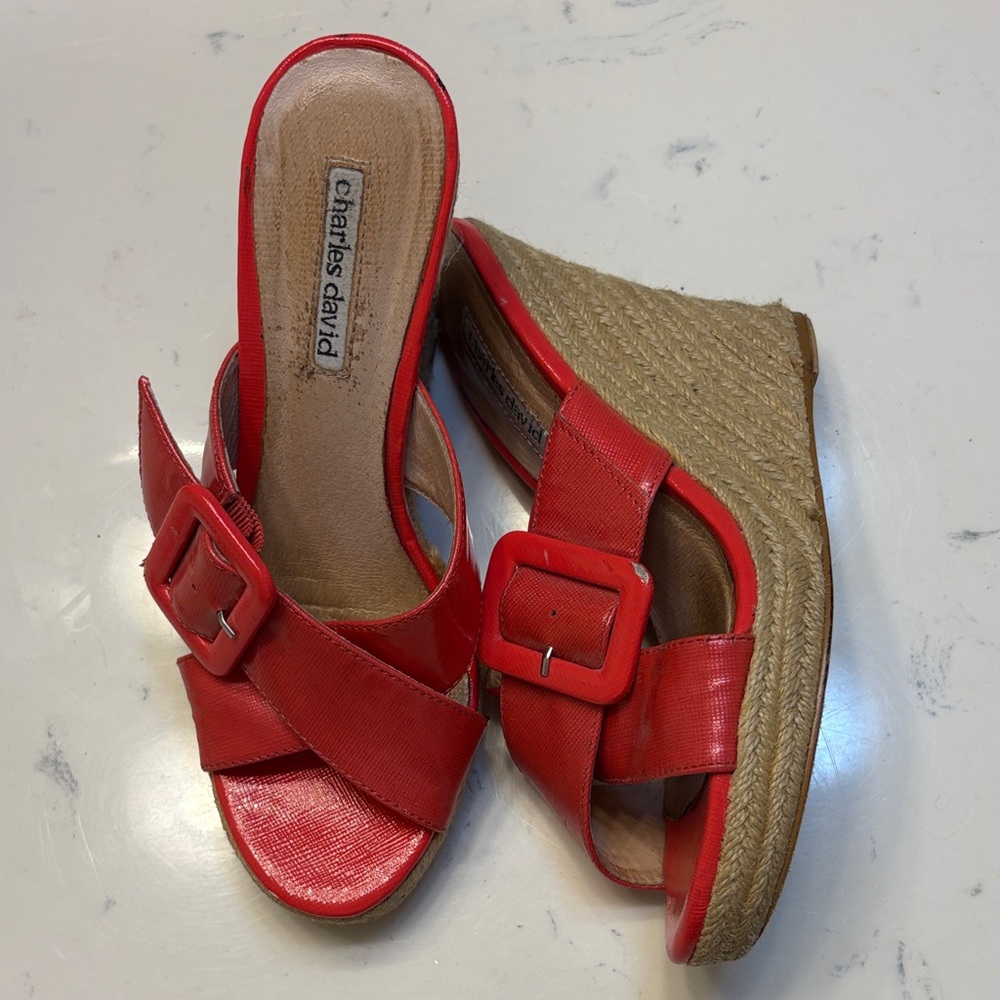 Charles David Red Espadrille Wedge Mule Sandals